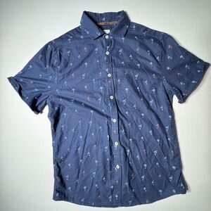 Steel & Jelly Mens M Shirt Blue Short Sleeve Cotton Button Up Palm Trees Drinks